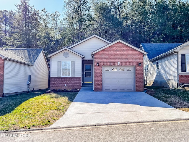 ranch-style home with driveway, a front yard, brick siding, and an attached garage