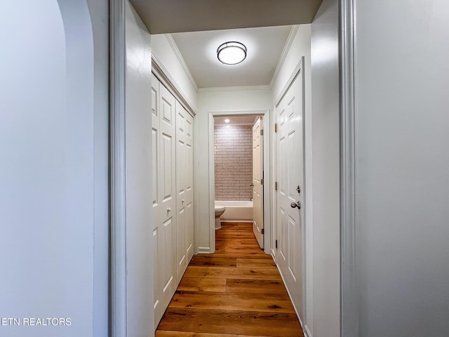 corridor featuring wood finished floors, brick wall, and ornamental molding