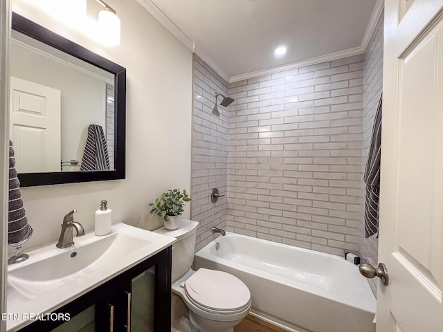 bathroom with vanity, shower / tub combination, toilet, and ornamental molding