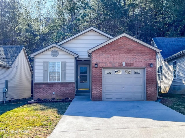 single story home featuring a garage, brick siding, concrete driveway, and a front yard