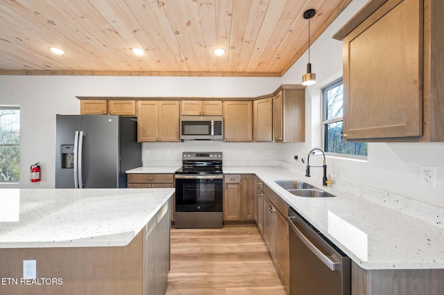 kitchen with light stone countertops, decorative light fixtures, wood ceiling, stainless steel appliances, and a sink