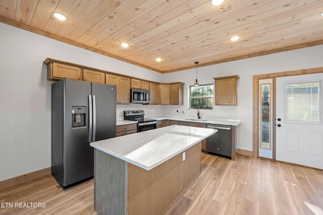 kitchen with light wood-style flooring, a kitchen island, appliances with stainless steel finishes, and a sink