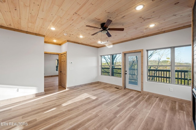 spare room with wooden ceiling, light wood-style flooring, recessed lighting, and baseboards