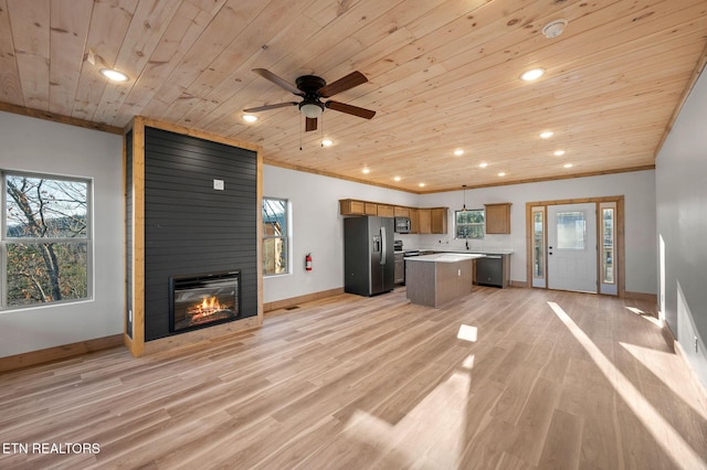 kitchen featuring light wood finished floors, a center island, wood ceiling, ornamental molding, and appliances with stainless steel finishes