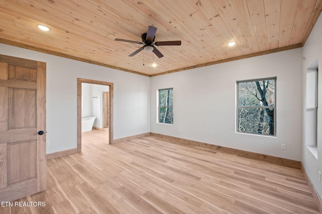 unfurnished bedroom featuring light wood-type flooring, recessed lighting, wooden ceiling, crown molding, and baseboards