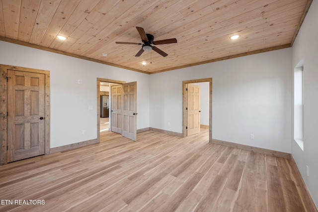 unfurnished bedroom featuring light wood-style flooring, baseboards, wooden ceiling, and crown molding