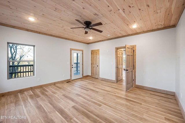 unfurnished bedroom featuring multiple windows, wood ceiling, and light wood-style flooring