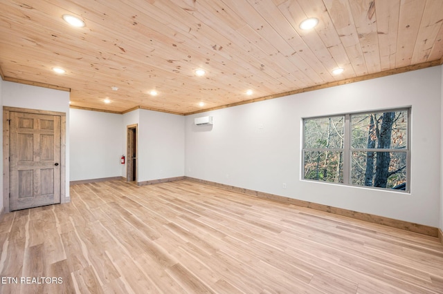 unfurnished room featuring light wood-style flooring, a wall mounted AC, recessed lighting, wooden ceiling, and baseboards