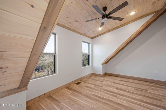 empty room featuring visible vents, wood finished floors, recessed lighting, wooden ceiling, and baseboards