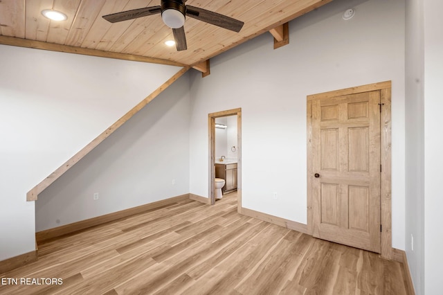 interior space featuring baseboards, ceiling fan, lofted ceiling with beams, light wood-type flooring, and wooden ceiling