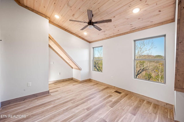 bonus room with wood finished floors, visible vents, recessed lighting, ceiling fan, and wood ceiling