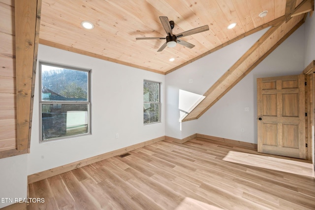 bonus room with ceiling fan, baseboards, wood ceiling, vaulted ceiling, and light wood-style flooring