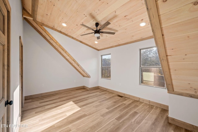 unfurnished room featuring baseboards, wooden ceiling, a ceiling fan, and light wood finished floors