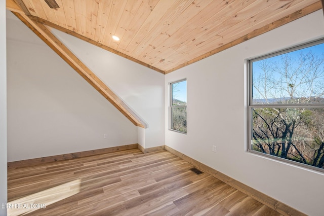 spare room with baseboards, wood ceiling, and wood finished floors