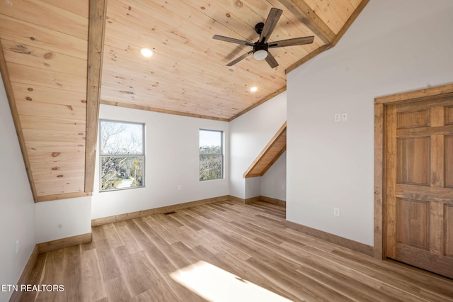 additional living space with wooden ceiling, wood finished floors, baseboards, and vaulted ceiling