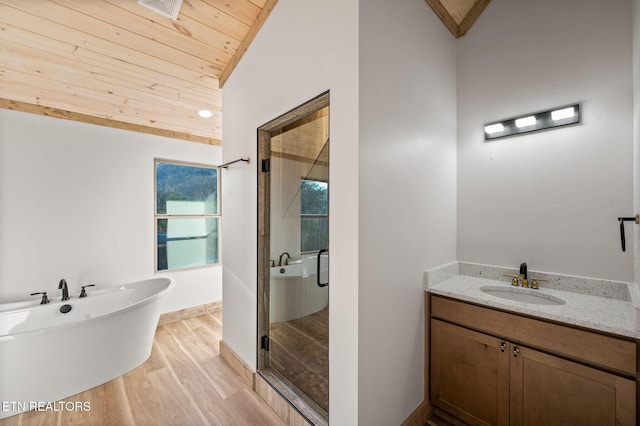 full bathroom featuring visible vents, a stall shower, wooden ceiling, wood finished floors, and a soaking tub