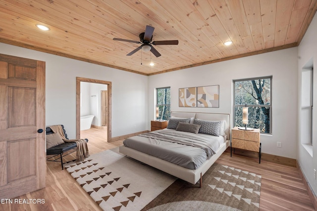 bedroom with light wood finished floors, crown molding, baseboards, wood ceiling, and recessed lighting