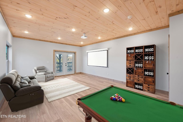 rec room with crown molding, recessed lighting, wooden ceiling, wood finished floors, and billiards