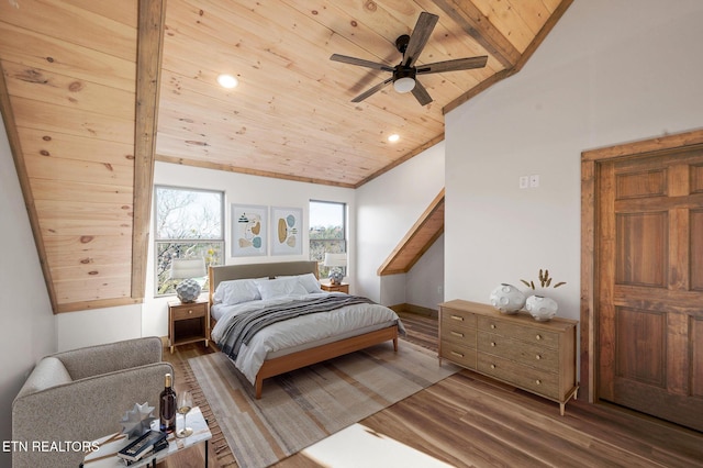 bedroom featuring a ceiling fan, wood finished floors, high vaulted ceiling, ornamental molding, and wood ceiling