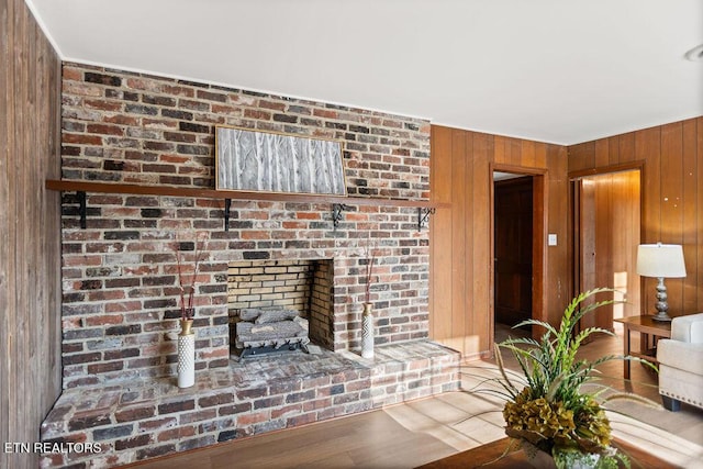 living area with wooden walls, wood finished floors, and a fireplace