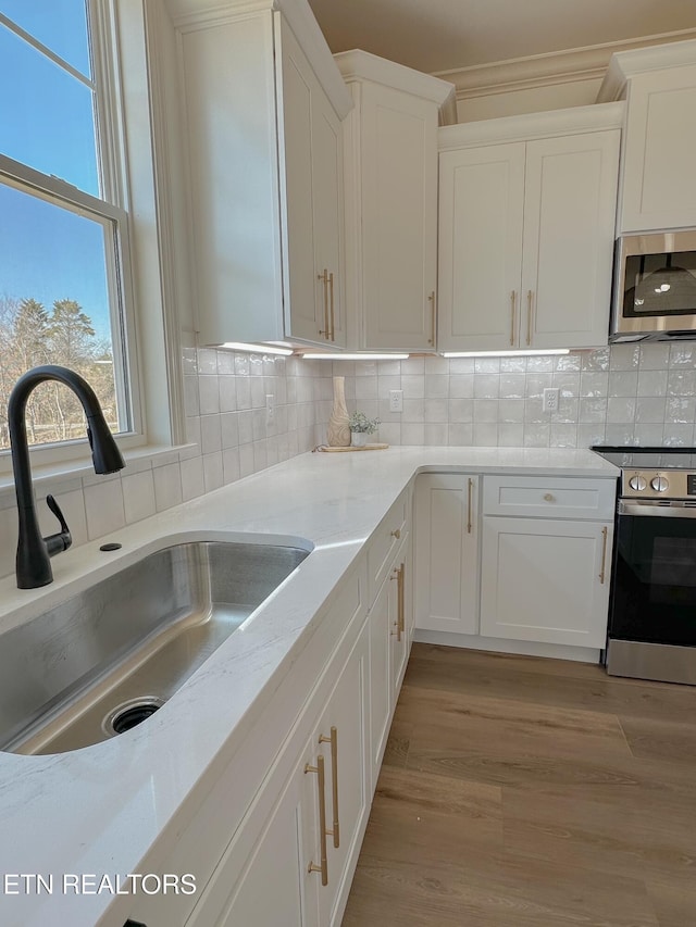 kitchen featuring light wood finished floors, a sink, decorative backsplash, stainless steel appliances, and white cabinetry