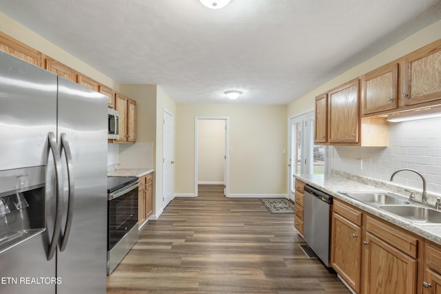 108 Burke St, Pennington Gap, VA 24277 - kitchen featuring dark wood-style flooring, baseboards, backsplash, appliances with stainless steel finishes, and a sink