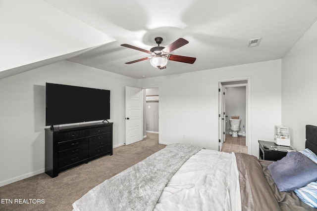 bedroom with visible vents, baseboards, a ceiling fan, and carpet flooring