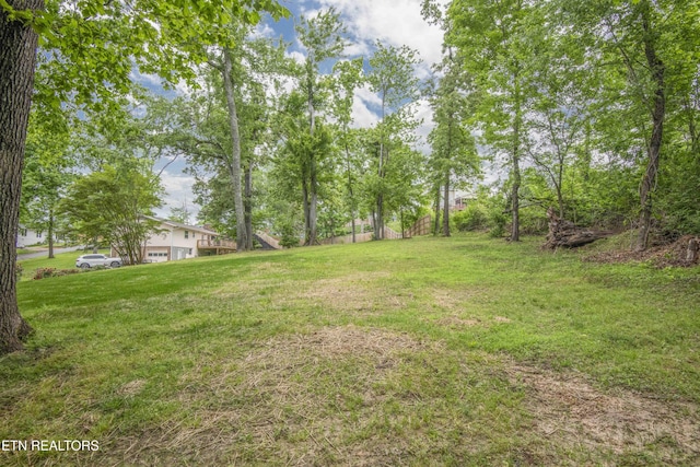 view of yard with a garage