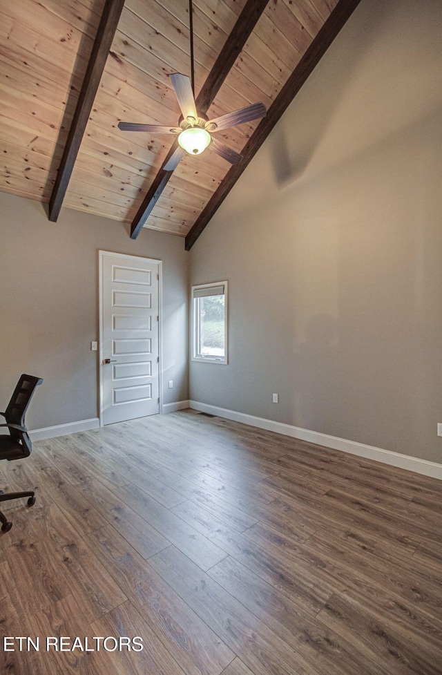 interior space featuring beam ceiling, wood finished floors, wooden ceiling, baseboards, and ceiling fan