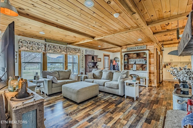 living area featuring beamed ceiling, wood ceiling, and dark wood-type flooring