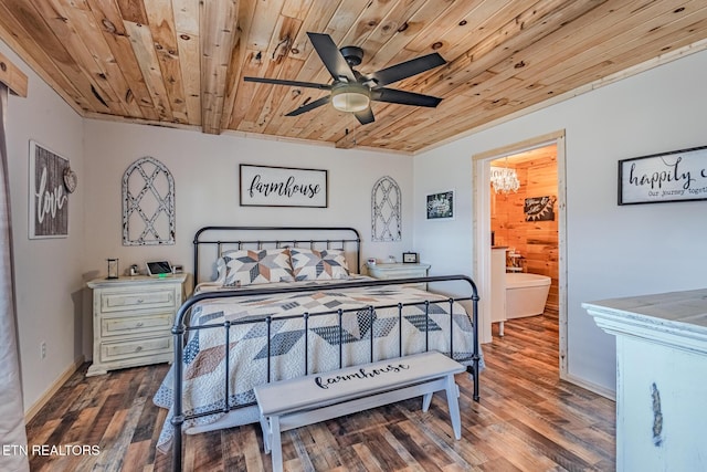 bedroom with wood finished floors, wood ceiling, and baseboards