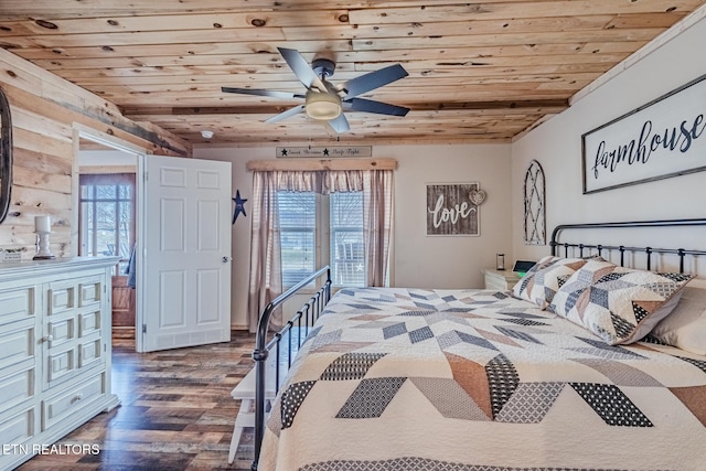 bedroom featuring a ceiling fan, wooden ceiling, multiple windows, and wood finished floors