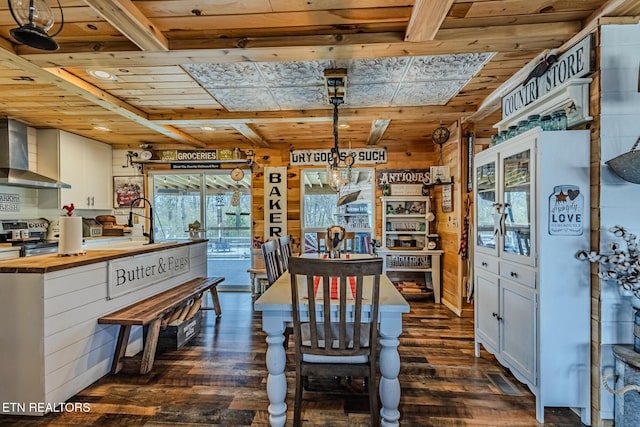 dining room featuring wooden ceiling, dark wood-type flooring, and beam ceiling