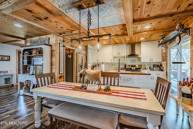 dining room featuring dark wood-style floors, beam ceiling, and wood ceiling