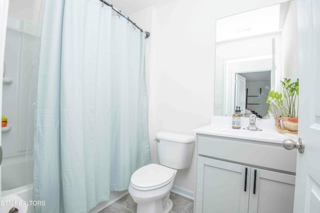 bathroom with shower / bath combination with curtain, toilet, and vanity