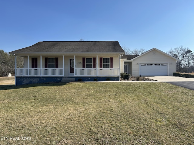 ranch-style home with a garage, a porch, concrete driveway, and a front lawn