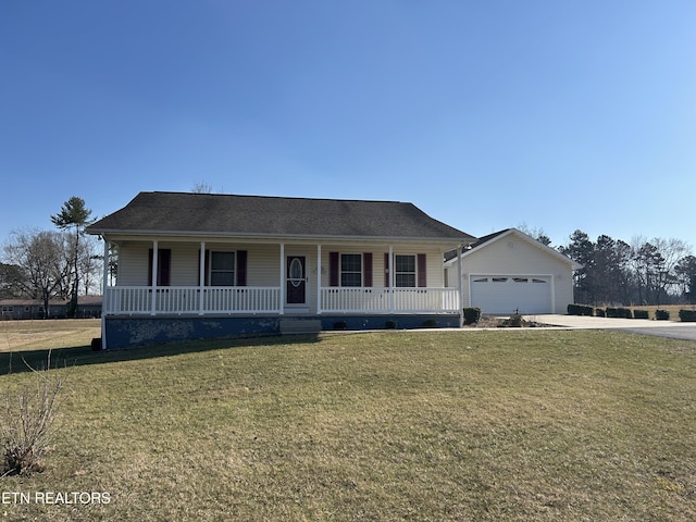 single story home with an attached garage, a porch, concrete driveway, and a front yard