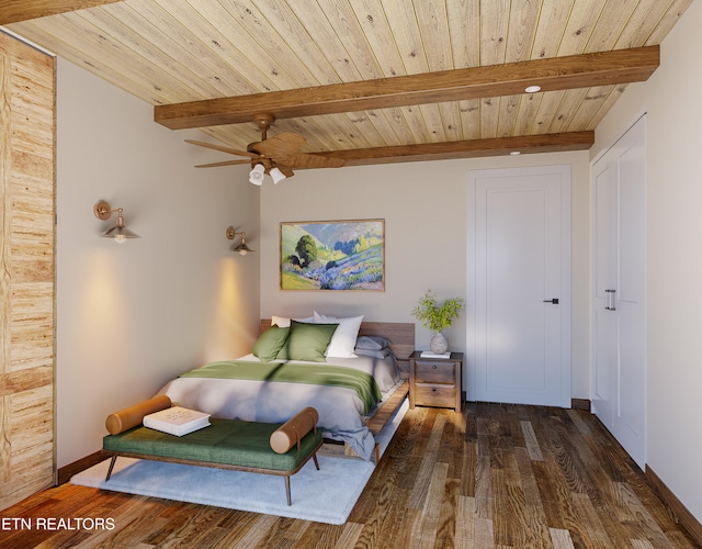 bedroom featuring beamed ceiling, baseboards, wood ceiling, and wood finished floors