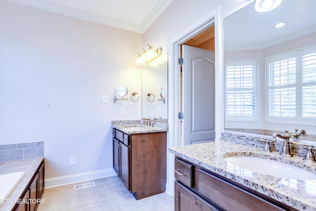 bathroom with a sink, two vanities, visible vents, and ornamental molding