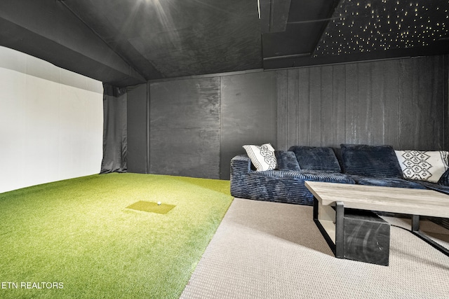 playroom featuring carpet floors and golf simulator