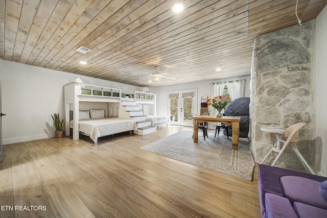 bedroom with visible vents, recessed lighting, hardwood / wood-style flooring, french doors, and wooden ceiling