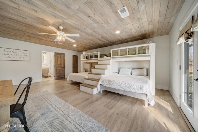 bedroom featuring visible vents, ceiling fan, wooden ceiling, light wood-type flooring, and connected bathroom