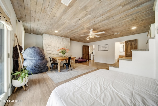 bedroom with visible vents, recessed lighting, wood ceiling, and wood finished floors