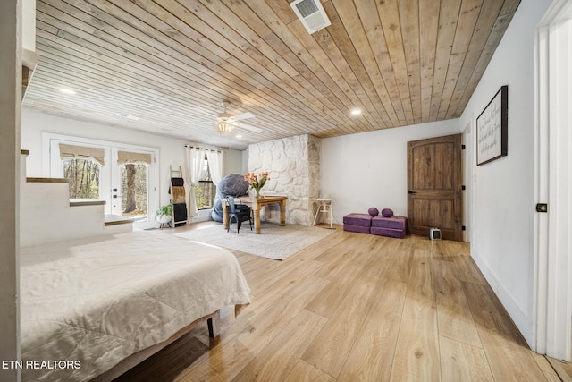 bedroom featuring wood finished floors, visible vents, baseboards, recessed lighting, and wood ceiling