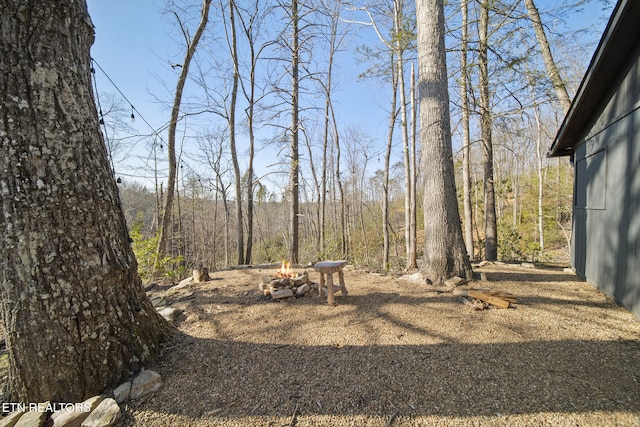 view of yard with a view of trees and an outdoor fire pit