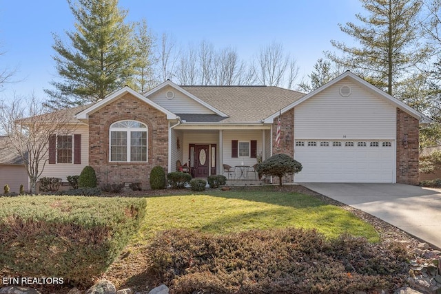 single story home with driveway, a porch, an attached garage, a front yard, and brick siding