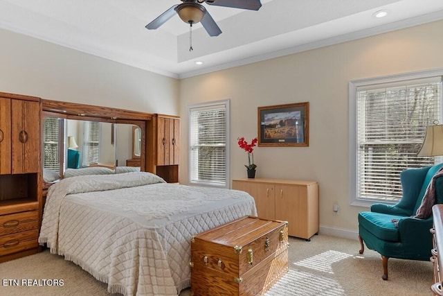 bedroom featuring ornamental molding, recessed lighting, baseboards, and light carpet