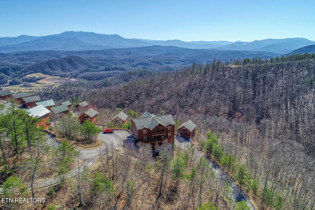 aerial view with a mountain view and a view of trees