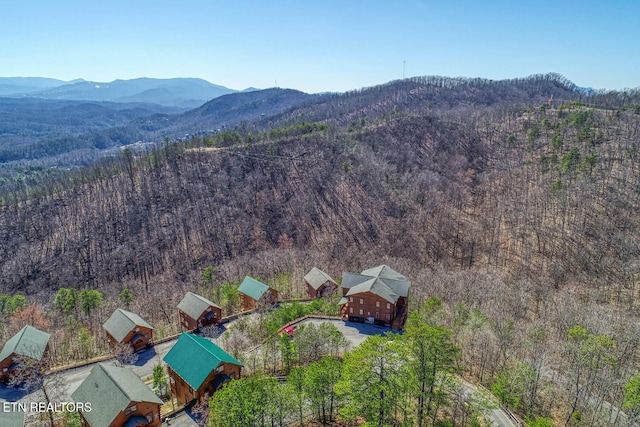 birds eye view of property featuring a view of trees and a mountain view