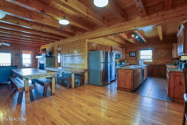 kitchen with wooden ceiling, light wood-style floors, wood walls, and stainless steel appliances